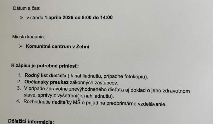 Fotka - Zápis detí do 1. ročníka Základnej školy v Žehni