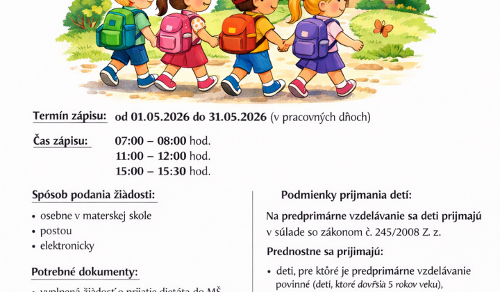 Fotka - Oznam o prijímaní detí do Materskej školy v Žehni
